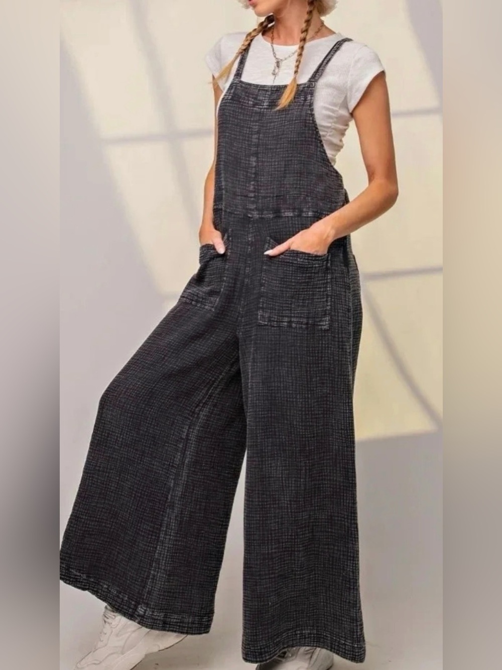 easel Black Wide-Leg Textured Jumpsuit